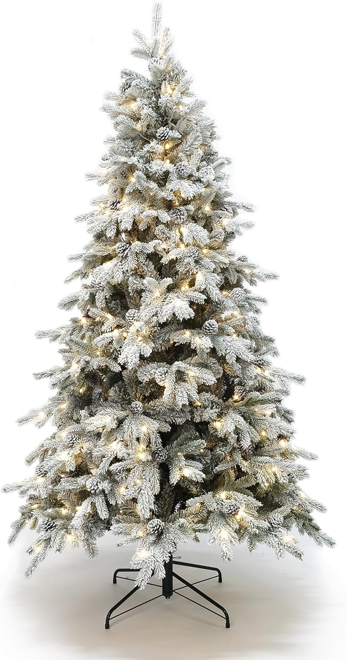 LuxenHome 6FT Christmas Tree with Lights, Full Flocked Artificial Christmas Tree with Pine Cone, 280 LED Lights, and Snow Flocked Branches, Prelit Pine Tree for Indoor, Outdoor Holiday Décor
