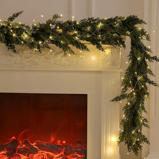 MISSPIN Christmas Garland with Lights, Real Touch Winter Cedar Pine Garland, Green Artificial Greenery Garland for Table, Mantle, Wall, Indoor, Outdoor Christmas Decorations