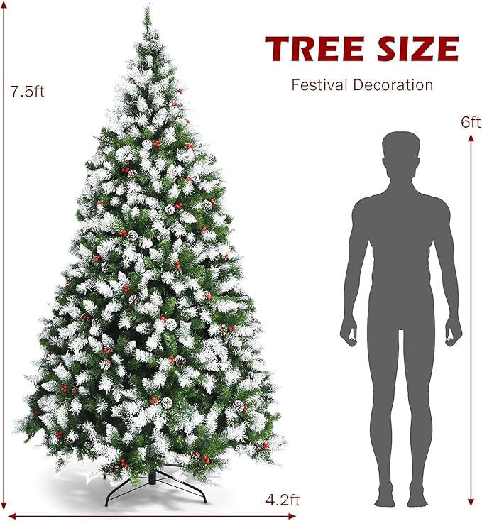 SIMOE 7.5ft Pre-Lit Christmas Tree, Snow Flocked Artificial Xmas Tree w/ 1,398 Hinged Branch Tips, 550 Lights, 8 Lighting Modes, Indoor Holiday Festival Decoration