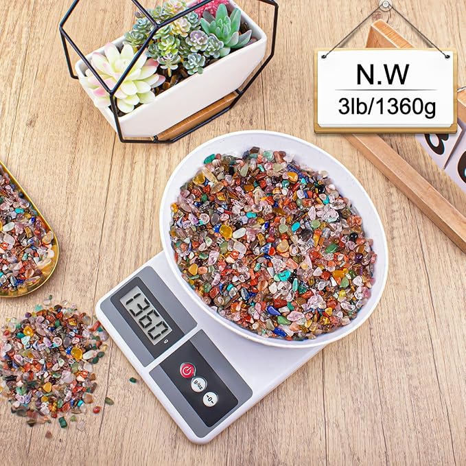 3 Lb Crystal Chips Bulk Tumbled Crushed Quartz Stones, 7 Chakra Crystal Quartz Rocks Healing Stones Pebbles for Vases Filler, Aquarium Gravel Rocks, Succulent Plants Decor