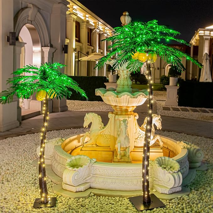 Lighted Palm Tree Set 5ft and 7ft with Glowing Coconuts - Dimmable, UL Certified, Waterproof - Ideal for Indoor and Outdoor Decoration