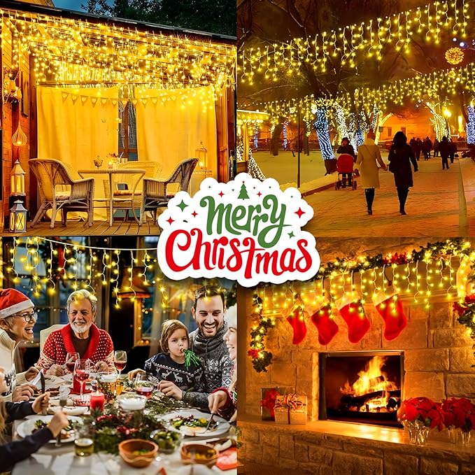 KNONEW Christmas Lights Outdoor Decorations 400 LED 33ft 8 Modes Curtain Fairy String Light with 75 Drops, Clear Wire LED String Light Indoor Decor for Wedding Party Christmas Decorations Warm White