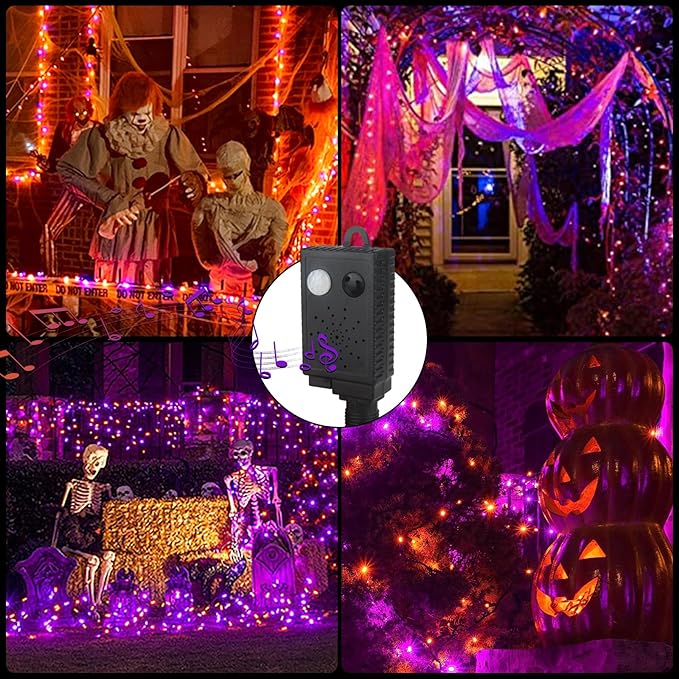 XTF2015 Halloween Lights, 105FT 300 LED Halloween String Lights with Spooky Music Motion Sensor Controller Twinkle Waterproof Purple Orange Light Plug in for Indoor Outdoor Tree Party Yard Room Decor