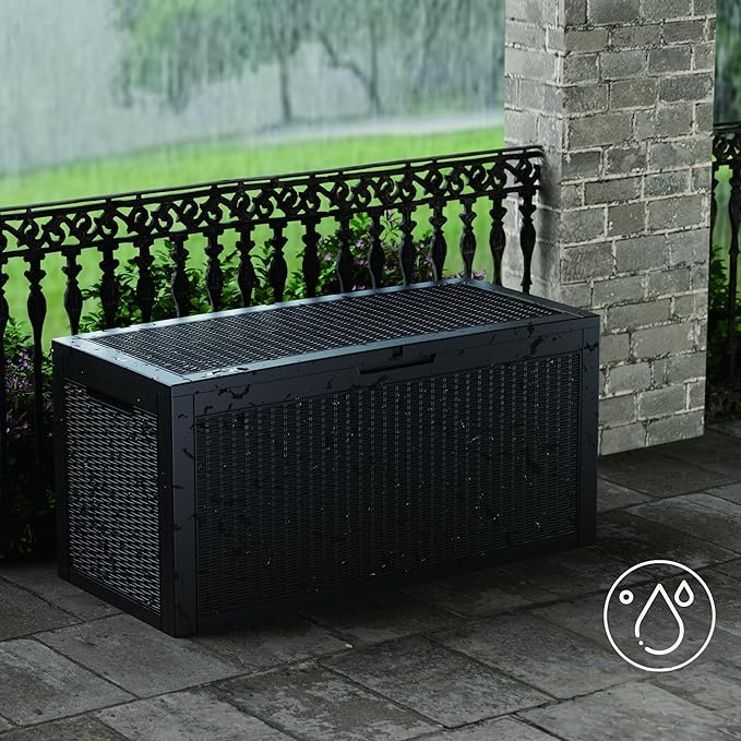 100 Gallon Deck Box, Resin Outdoor Indoor Waterproof Storage Box, Lockable Storage Box With Handle for Patio Furniture - Garden Tools - Swimming Pool Tools UV-Resistant, Black