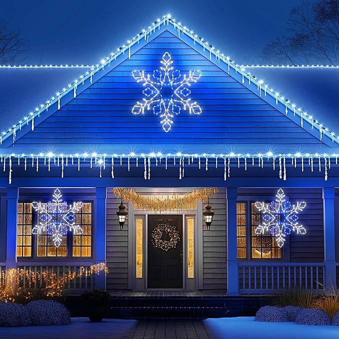 Christmas 35'' Snowflake Lights Decoration - Outdoor Waterproof Christmas Lights Super-Bright White and Blue with Ultimate Timer for Outdoor Home Party Wall Hanging Light