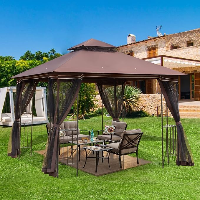ECOTOUGE Outdoor Gazebo 10'x10', Heavy Duty Canopy Tent with Soft Double Roofs & Metal Corner Frame Shelves, Party Tent Shelter with Mosquito Netting for Patio, Deck, Backyard, Brown
