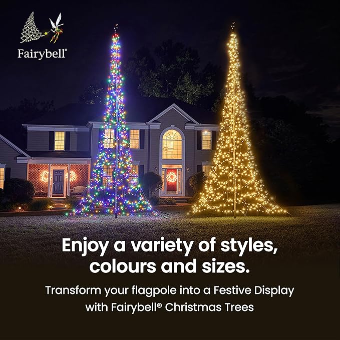 Fairybell - Flagpole LED Christmas Tree - Outdoor Christmas Decorations - Luminous Switch - 1,500LED Tree - 13ft - Suitable for Existing Flagpoles - Outdoor Lighting
