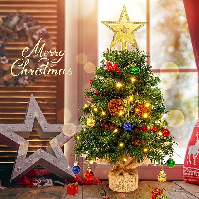 Uten Mini Christmas Tree Small Christmas Balls Round Pine Cones/red Fruits/Gift Box, Treetop Star 50 LED Waterproof Battery Box with Red Cement Base Christmas Decorations for Home, Office, Party