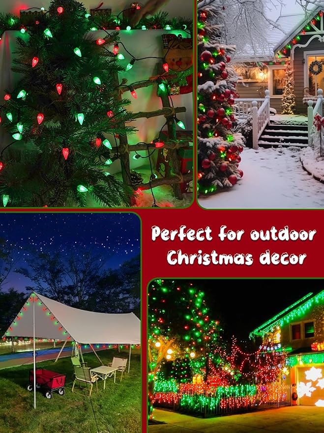 C6 Solar Christmas Lights Outdoor, 50 LED 16FT Christmas Decorations Outdoor Waterproof, Solar String Lights for Outside with 8 Modes, Fairy Twinkle Light for Tree Garden Xmas Decor (Red and Green)