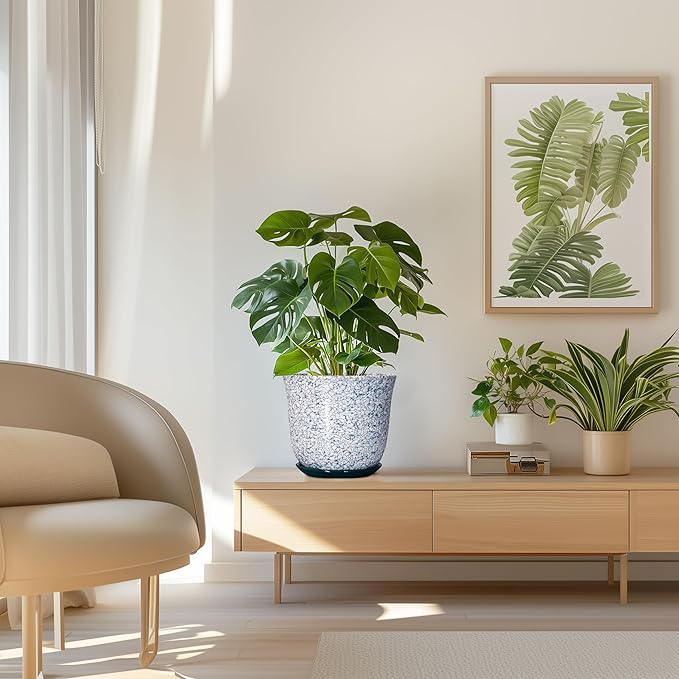 Ceramic Pots for Plants - 8 Inch Plant Pot for Indoor Outdoor, Round Flower Pot with Drainage Hole and Saucer, Decorative Planters, Modern Planter, Patio Decor, House Warming Gift, Green