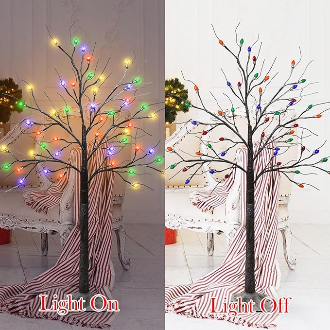 2 Pack 4 FT Birch Tree with 96 LED Multicolor Lights, Artificial Lighted Birch Tree Snowy Light Up Birch Twig Christmas Tree for Party Home Mantel Porch Yard Indoor Outdoor Decor
