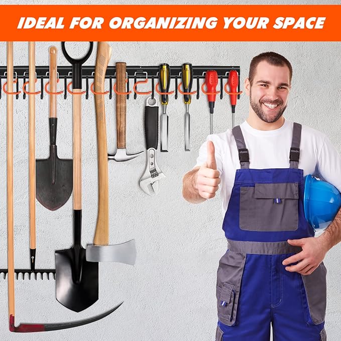 17'' All Metal Garden Tool Organizer Adjustable Garage Tool Organizer Wall Mount Garage Organizers and Storage with Heavy Duty Hooks Tool Hangers for Garage Wall, Shed, Garden