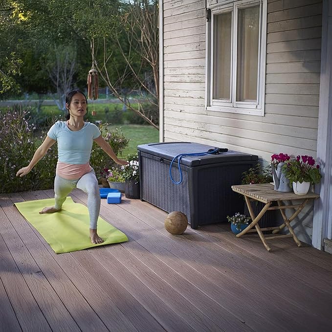 Keter Borneo 110 Gallon Storage Box, All-Weather Wicker Rattan-Style Resin Deck Box and Stylish Outdoor Bench with Piston-Assisted Lockable Lid, Grey