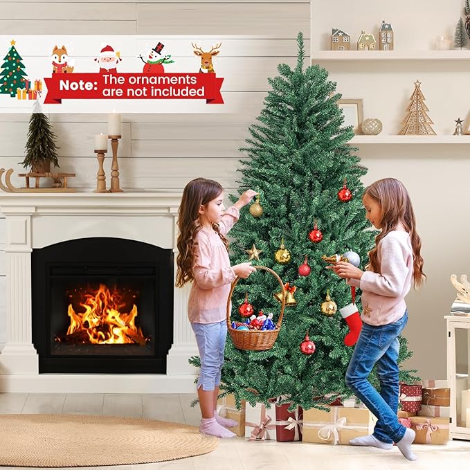 Goplus 6ft Artificial Douglas Christmas Tree, Unlit Hinged Xmas Full Tree with 1355 Branch Tips, Foldable Metal Base, Easy Assembly, Indoor Holiday Party Office Home Store Decor