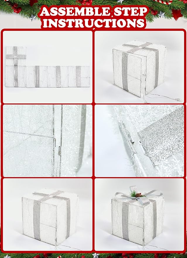 3 Pieces Foldable Christmas Decorations Lighted Gift Boxes, 12" 10" 8" with 60 Pre-Lit Mini String Lights,LED Xmas Gift Boxes with Bows for Tree Indoor Outdoor Holiday Party Yard Home Decor