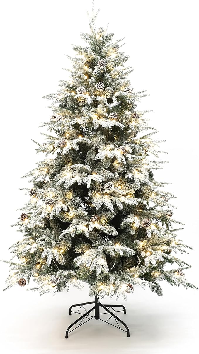 LuxenHome 7FT Christmas Tree with Lights, Full Flocked Prelit Artificial Christmas Tree with Pine Cone, 400 LED Lights,1856 PE+PVC Branch Tips, Prelit Pine Tree for Indoor, Outdoor Holiday Décor