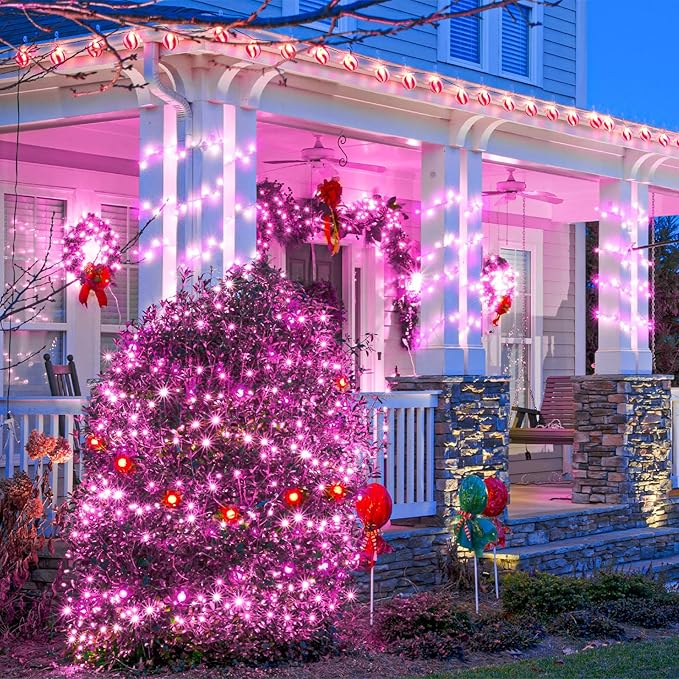 100FT 300 LED Christmas Lights Outdoor, Green Wire Christmas Tree Lights with 8 Modes Waterproof, Connectable String Lights for Outside for Indoor Garden Patio Party Wedding Decorations, Pink