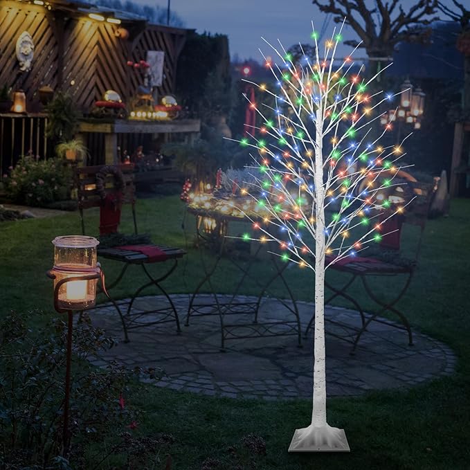 8FT Lighted Birch Tree with 210 LED Warm White and Multicolor Lights, 8 Modes, Timer Remote Faux Prelit Twig Christmas Tree with Lights for Indoor Outdoor Xmas Holiday Party Decoration