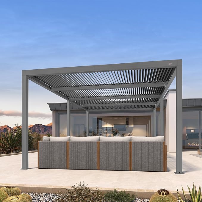 PURPLE LEAF Louvered Pergola 12' x 20' Outdoor Full Aluminum Pergola with Adjustable Rainproof Roof Modern Retractable Patio Hardtop Gazebo for Carport Commercial Use Deck Backyard Garden