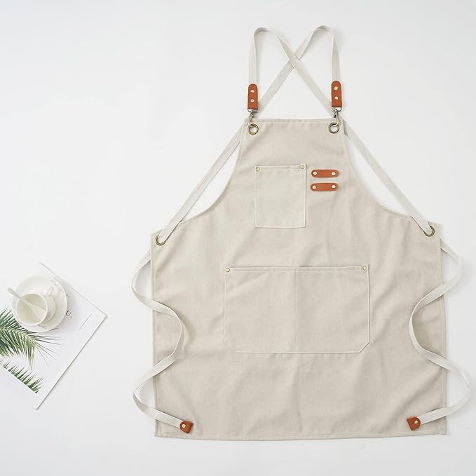 Apron for Men Women with Pockets Cotton Canvas Cross Back Heavy Duty Adjustable Work Apron