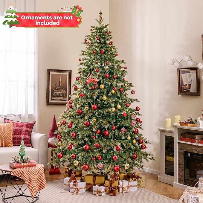 GOFLAME 8FT Pre-Lit Christmas Tree, Artificial Xmas Tree with 1226 Branch Tips, 89 Pine Cones, 410 Warm White LED Lights, 8 Lighting Modes, Holiday Decoration Tree for Home, Shop & Office