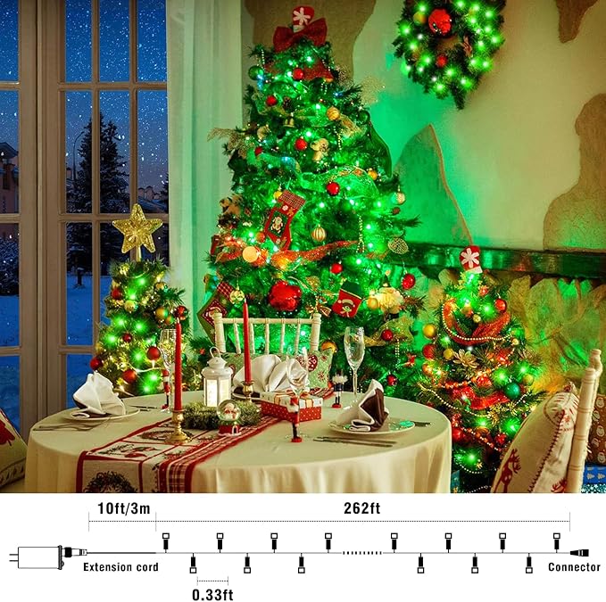 800 LED Christmas Lights Outdoor Indoor, String Lights for Outside with 8 Modes Waterproof, Plug in Twinkle Light Clear Wire for Xmas Tree, Patio, Garden, Party Decorations, Red Green
