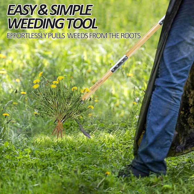 Weeder - Stand Up Weed Puller Tool with Long Handle - Real Bamboo & 4-Claw Steel Head Weeder Tool, Weeding Tool Weed Remove Tool for Lawn/Yard,Easily Remove Weeds Without Bending or Kneeling