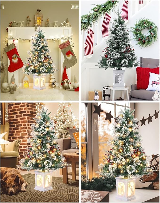 3ft Christmas Tree Pre-Lit Artificial Christmas Tree with Vintage Potted Base, Flocked Snow 78 Warm White LED Lights 8 Lighting Modes, Xmas Holiday Decor for Home, Entrances