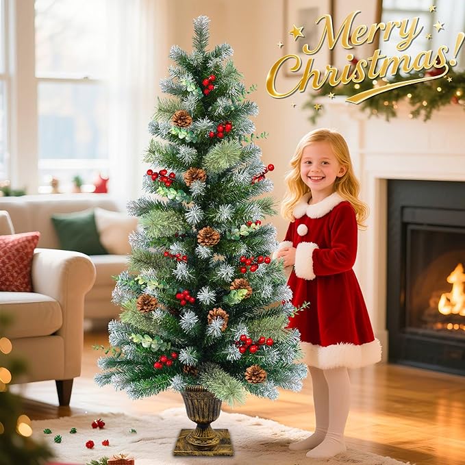 2 Set 4Ft Snowy Outdoor Christmas Entrance Tree with Timer 60 Warm Lights Battery Operated,120 Branches Tips,14 Eucalyptus,13 Smoky Pine Bristle Leaves,10 Pine Cones,9 Red Berries for Porch Front Door