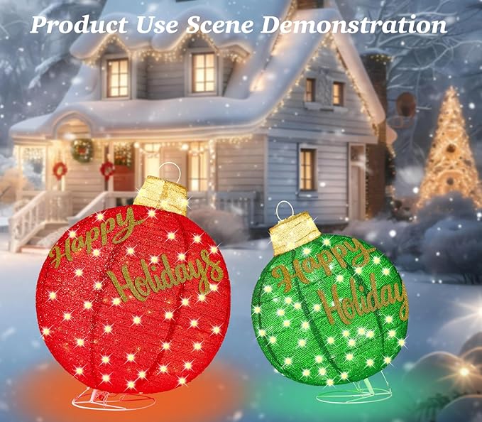 2Pcs 3FT Lighted Christmas Ornament Set - Expandable Outdoor, Indoor Holiday Decor with 200 LED Lights, Easy Assembly & Weatherproof, Red & Green Light-Up Ball for Yard, Garden, Storefront.
