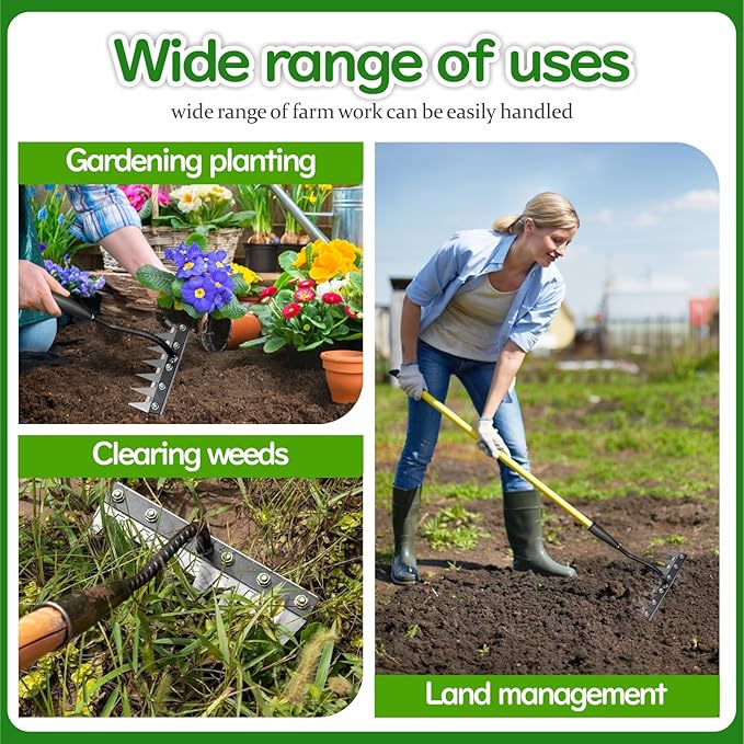 2025 Iron Weeding Rake 2.0, Iron Rake for Gardening and Weedings, Heavy Duty Gardening Hand Weed Puller Tools, 8 Teeth Carbon Steel Garden Weedings Rakes for Lawn Care