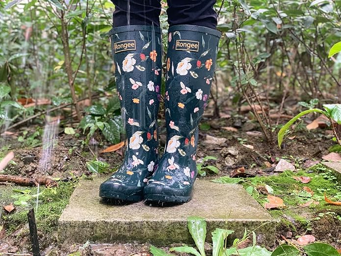 Rongee Rain Boots for Women Waterproof Garden Outdoor Mud Boots Printed with Adjustable Buckle