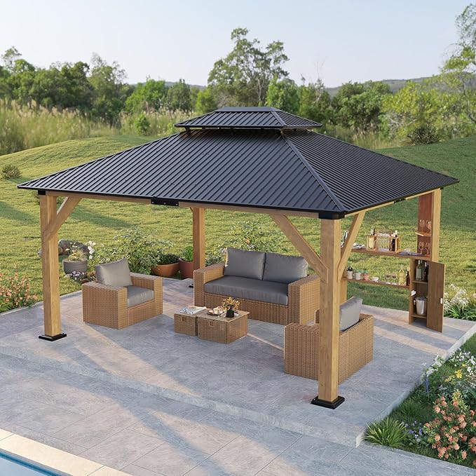 13x15 Wood Gazebo, Hardtop Outdoor Gazebo with Aluminum Double Roof, Outdoor Wooden Pavilion for Parties, Backyard, Patio, Lawns, Black + Natural Wood