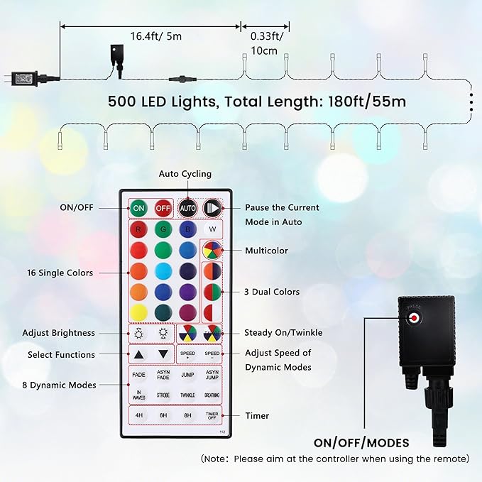 Toodour Christmas Lights RGB String Lights, 164ft 500 LED Color Changing String Light with Remote & Timer, Waterproof Xmas Tree Light for Home Yard New Year Party Indoor Outdoor Christmas Decorations