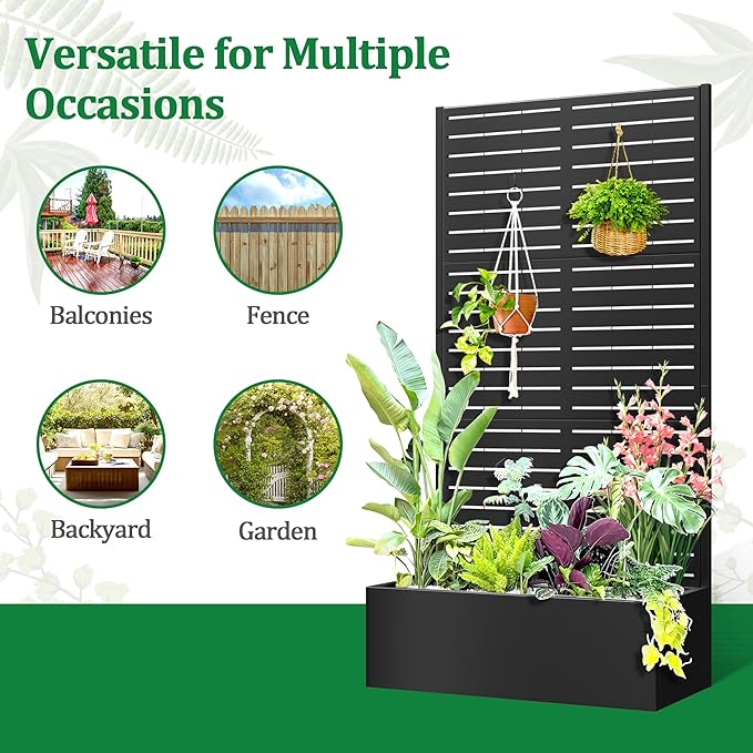 Metal Raised Garden Bed with Trellis, 2 in 1 Trellis with Planter Box & Privacy Screen for Climbing Plants, Vine, Outdoor Standing Flower Beds with Drainage Holes, 35.4"L x 15.7"W x 70.9"H, Black