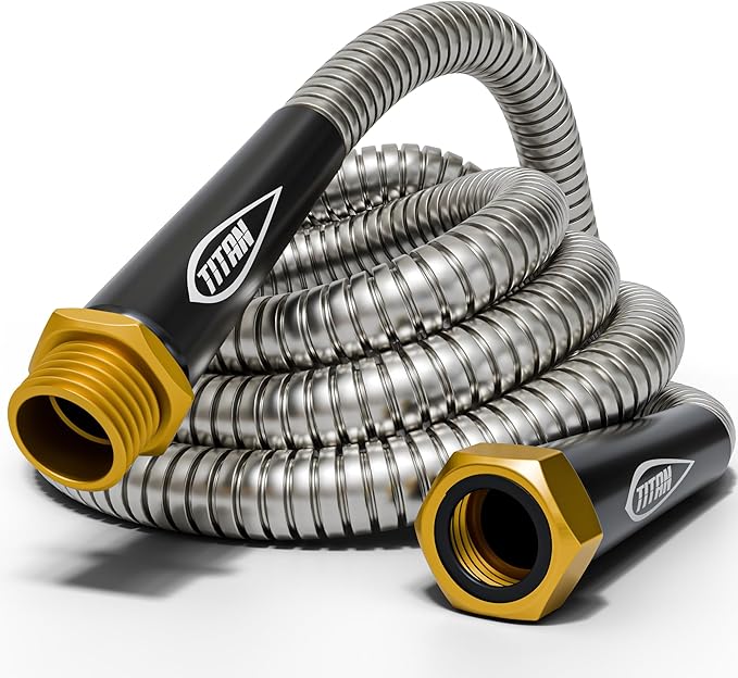 TITAN Garden Hose 75FT - 304 Stainless Steel Metal Water Hose, Flexible, Kink-Free, Lightweight, Durable, Crush Resistant Fittings, Easy to Coil, 500 PSI