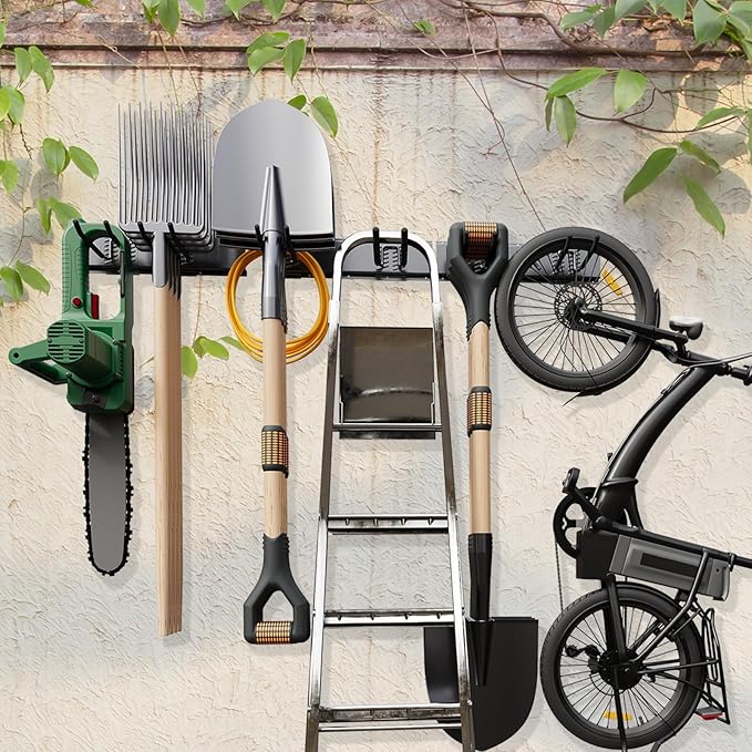 Garage Tool Organizer Wall Mount 48", Garage Wall Organizer 400 lbs, Heavy Duty Garages Organizers and Storage with Adjustable Hooks, Garden Tool Storage Rack for Shovels, Hoses, Ladders