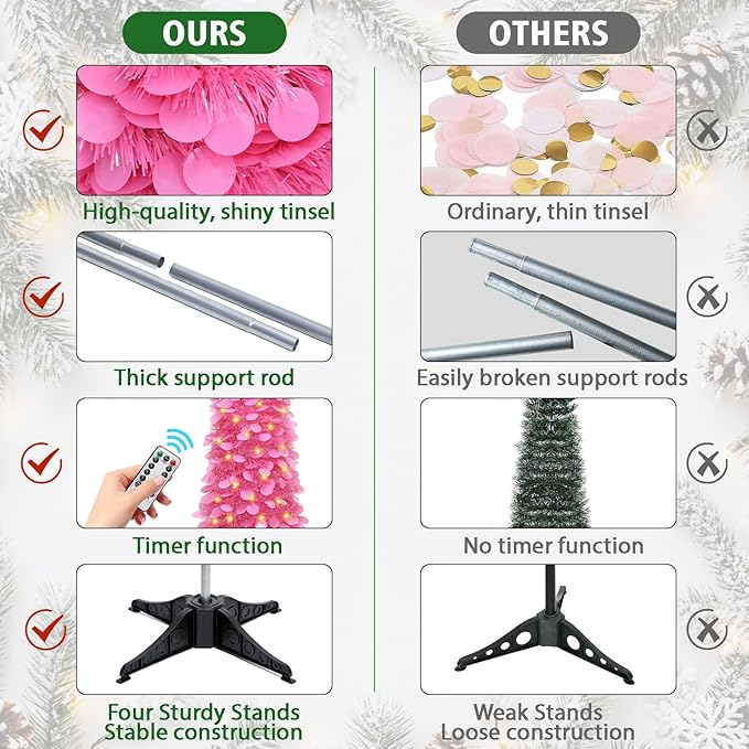 HMASYO 6 FT Pop Up Christmas Tree with 100 LED Lights & Remote, Hot Pink Christmas Tinsel Tree, Collapsible Artificial Pencil Tree for Home Office Party Decor, USB Powered Timer Lights, Easy Assembly