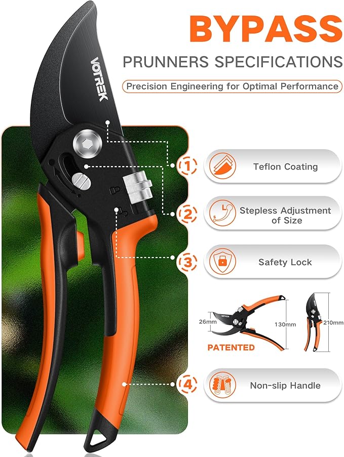 8.5" Pruning Shears for Gardening, 【Unique Stepless Handle Opening】Professional Bypass Garden Clipper, Heavy Duty Plant Pruners for Branch 【SK5 Steel Blades】【Built-in Spring】【All Hand Sizes】