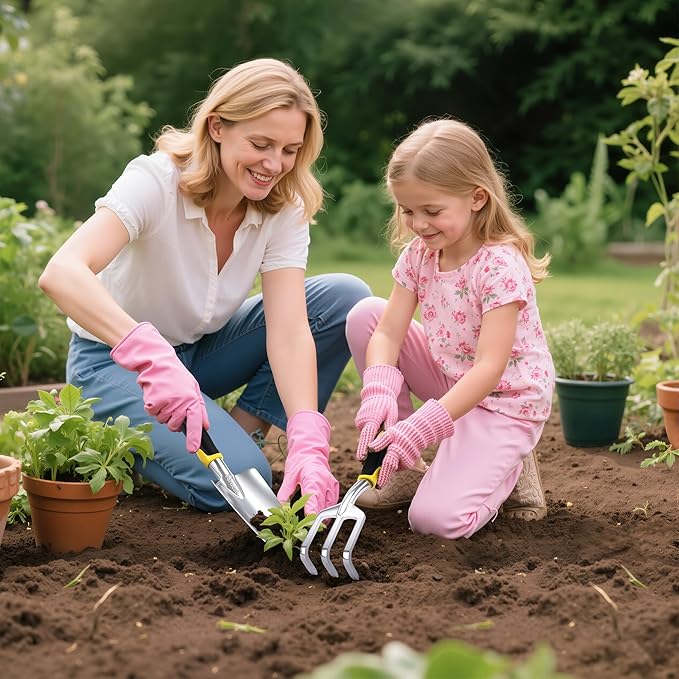 Garden Tool Set, 3 Pack Aluminum Heavy Gardening Kit Including Hand Shovel, Transplant Shovel and Hand Rake for Planting, Digging, Weeding