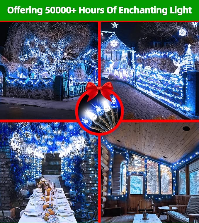 750 LED 240FT Christmas Lights Outdoor,12 Lighting Modes Christmas String Lights with Timer, Dimmable Blue Cool White LED StringLights Waterproof for Yard Wedding Party Holiday Decor Blue&CoolWhite