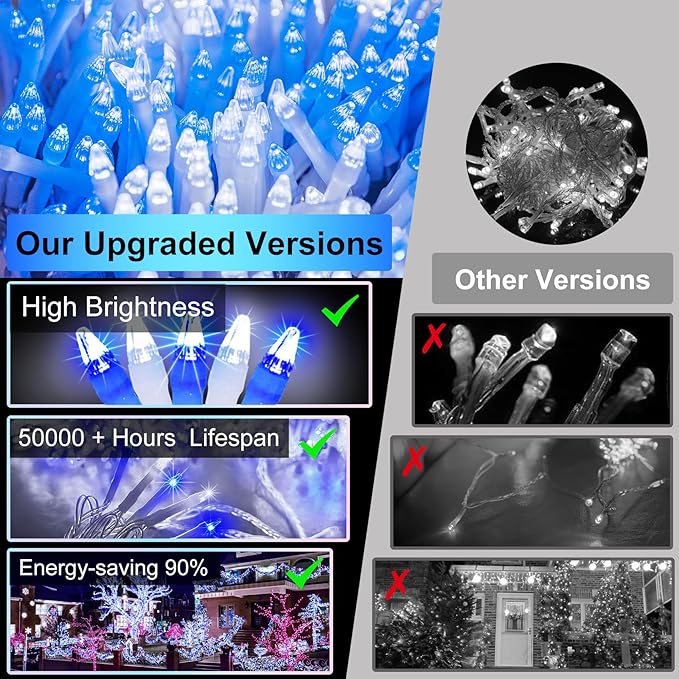 750 LED 256FT Christmas String Lights, Christmas Light with 8 Lighting Modes & Timer Memory, Plug in Outdoor Waterproof Clear Wire Twinkle Light for for Xmas Yard Tree Party Decor Blue and White