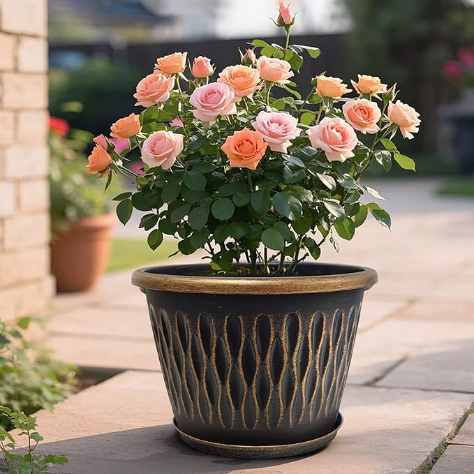 6 Pack 8 Inch Retro Plant Pots, Vintage Striped Flower Pots with Drainage Hole & Saucer, Large Plastic Planters for Indoor and Outdoor Plants, Decorative Garden Pots(Gold)