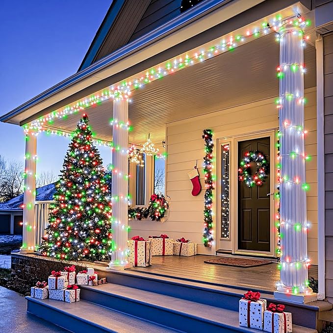 100FT 300 LED Christmas Lights Outdoor, Plug in Christmas String Lights Indoor, Waterproof & 8 Modes & Timer Function, Connectable Fairy Twinkle Light for Bedroom Patio Wedding Decor, Red White Green