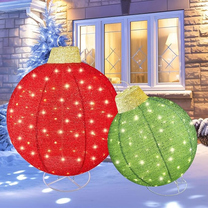 HOYECHI 2pc Lighted Pop-Up Outdoor Christmas Ornament Set – Holiday Ball Decorations with 200 LED Lights, 8 Lighting Modes, for Yard & Outdoor Christmas Decor - Red/Green
