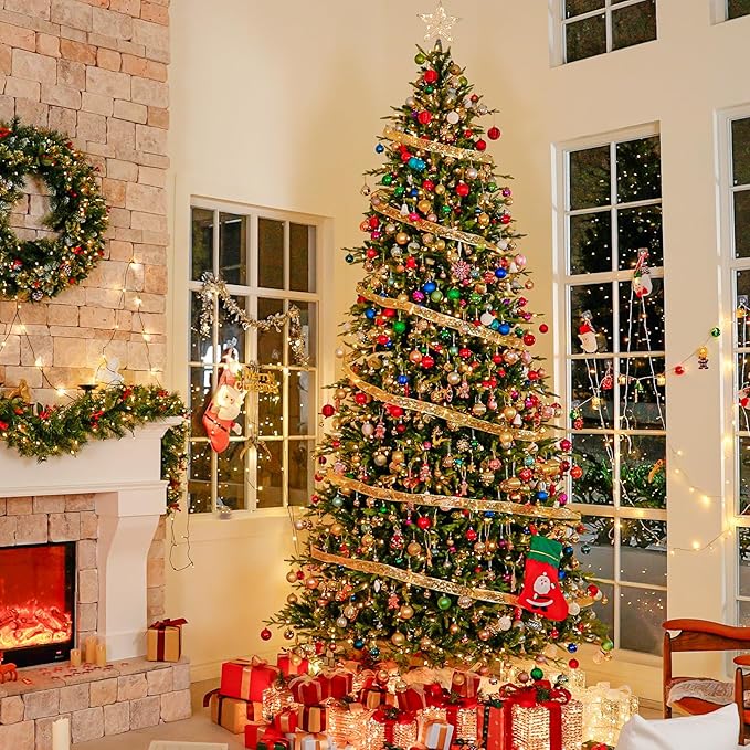 Hykolity 9ft Pre-lit Artificial Christmas Tree with 600 Warm White LED Lights, 5149 PE&PVC Realistic Branch Tips, Metal Stand and Hinged Branches Included