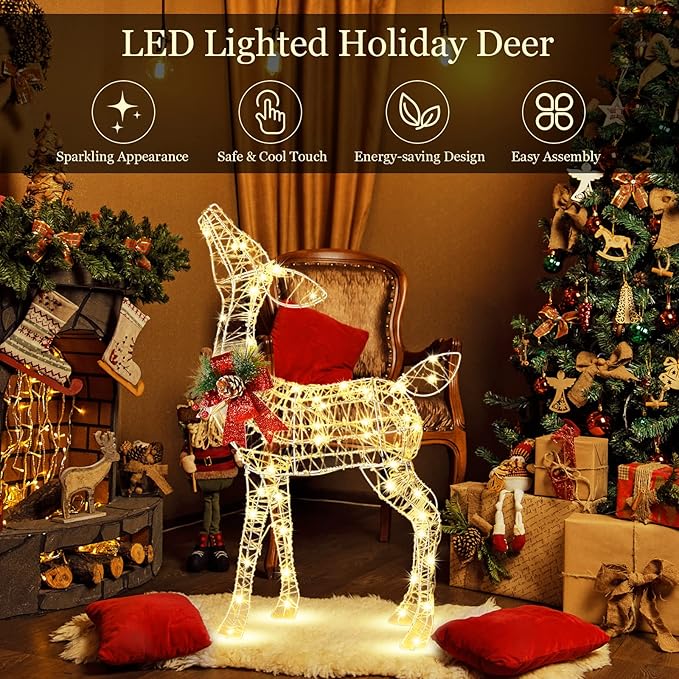 Tangkula Lighted Christmas Reindeer, Outdoor Yard Xmas Decorations with 50 LED Lights, Artificial Christmas Décor with Stakes and Zip Ties, Indoor/Outdoor Festive Holiday Decoration