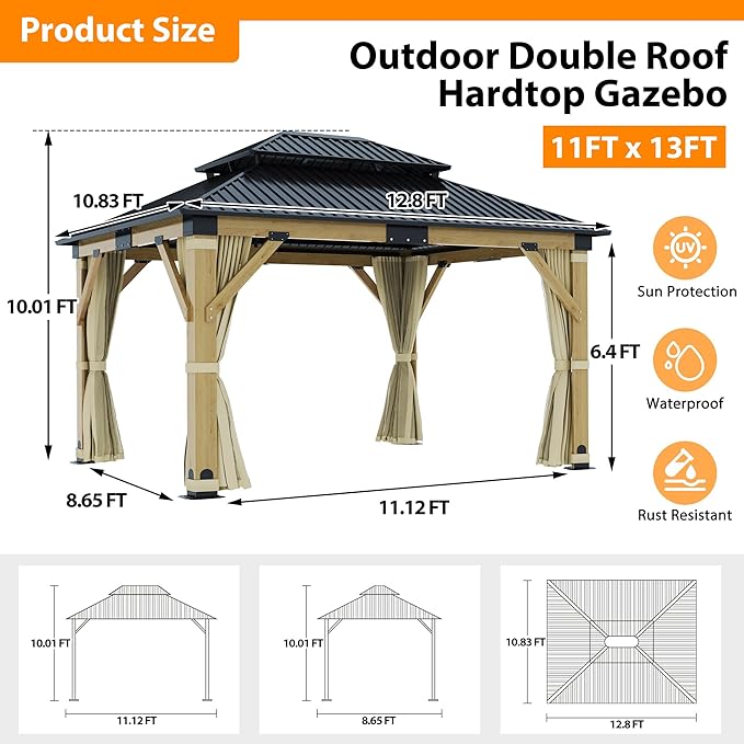11x13FT Wood Gazebo, Outdoor Wooden Gazebo with Galvanized Steel Double Roof, Hardtop Gazebos for Garden, Patio, Deck, Backyard (w/Beige Curtain &Netting)