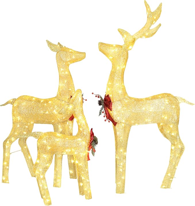 MUPATER Outdoor Christmas Decoration Lighted Deer Family Set Indoor, Christmas Holiday Yard Decor 3-Piece Set for Lawn and Home Party with Lights, Ground Stakes and Zip Ties, Gold