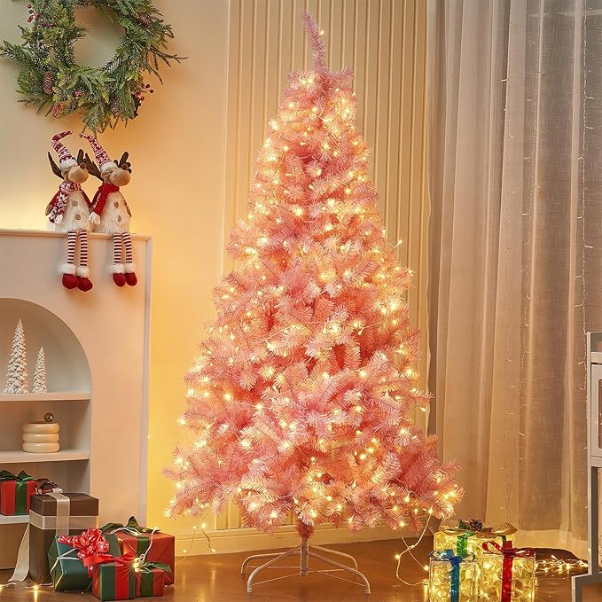 Juegoal 6 FT Artificial Christmas Tree (NOT Pre-Strung) with 300 LED Warm White String Lights, Spruce Hinged Tree, 8 Lighting Modes, Fake Xmas Pine Tree with Metal Legs, 850 Branch Tips, Pink